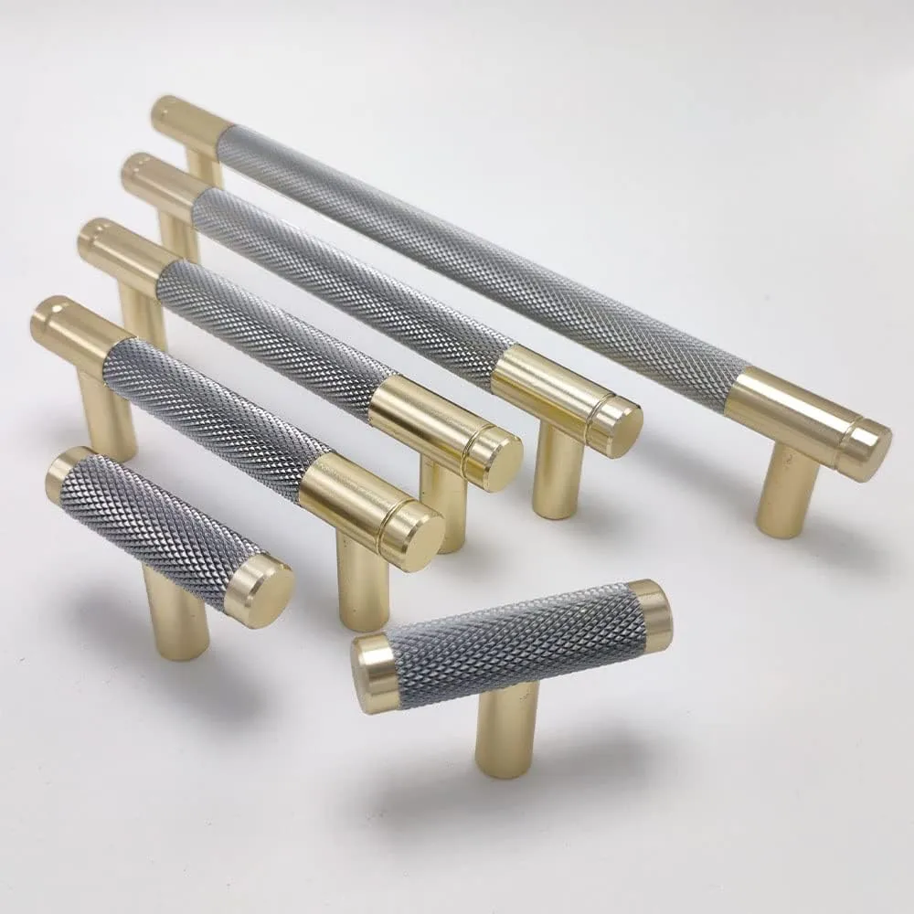 10 Pack 2 Inch Cabinet T Knob Aluminum Knob for Drawer Pulls Gold and Grey Oxidation Finish with Diamond Pattern