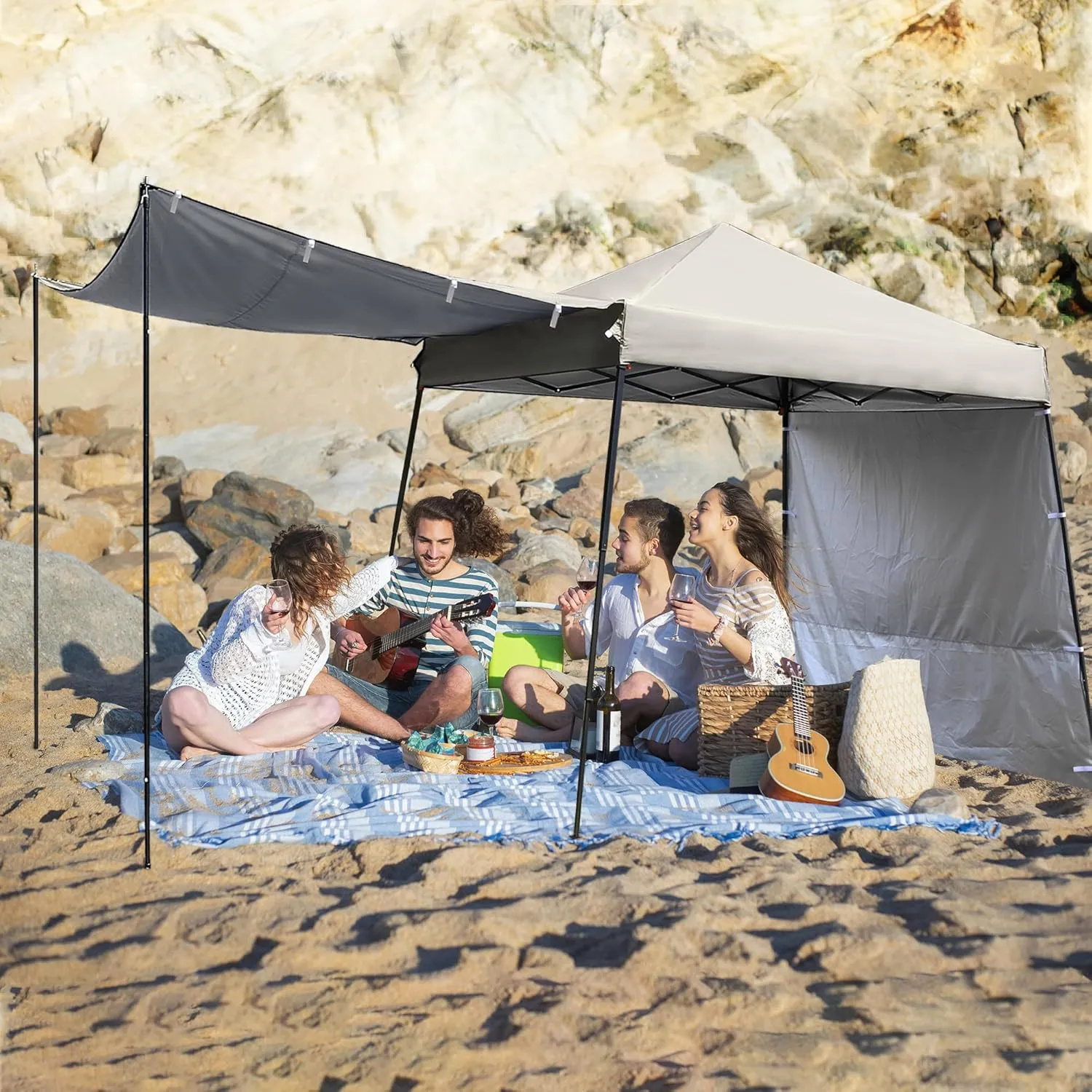 10'X10' Canopy Tent,8'X8' Top,Instant Pop Up Canopy w/2 Sidewalls,4 Support Rods,Adjustable Slant Legs,Portable Sun Shade for Garden,Beige