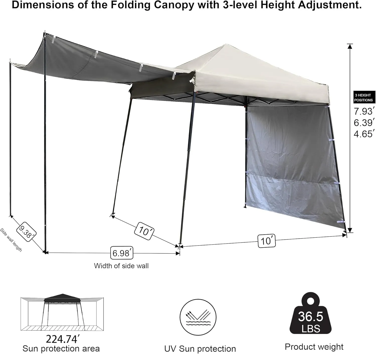 10'X10' Canopy Tent,8'X8' Top,Instant Pop Up Canopy w/2 Sidewalls,4 Support Rods,Adjustable Slant Legs,Portable Sun Shade for Garden,Beige