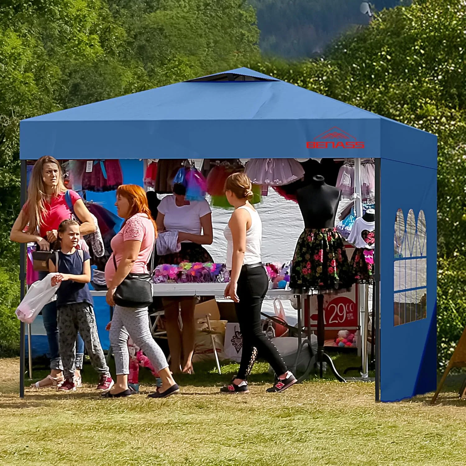 10x10 Pop Up Canopy with Sidewalls, Easy Up Canopy Tent, Heavy Duty Tents for Parties, One Person Set Up Event Tent, Light Blue
