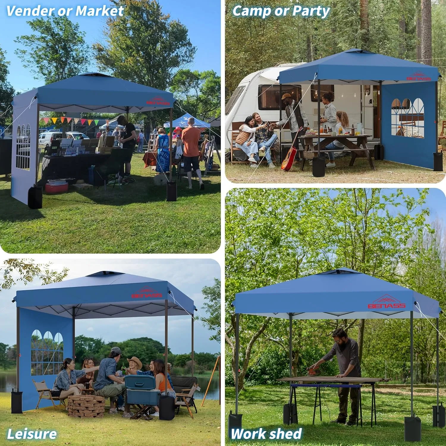 10x10 Pop Up Canopy with Sidewalls, Easy Up Canopy Tent, Heavy Duty Tents for Parties, One Person Set Up Event Tent, Light Blue