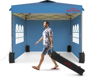 10x10 Pop Up Canopy with Sidewalls, Easy Up Canopy Tent, Heavy Duty Tents for Parties, One Person Set Up Event Tent, Light Blue