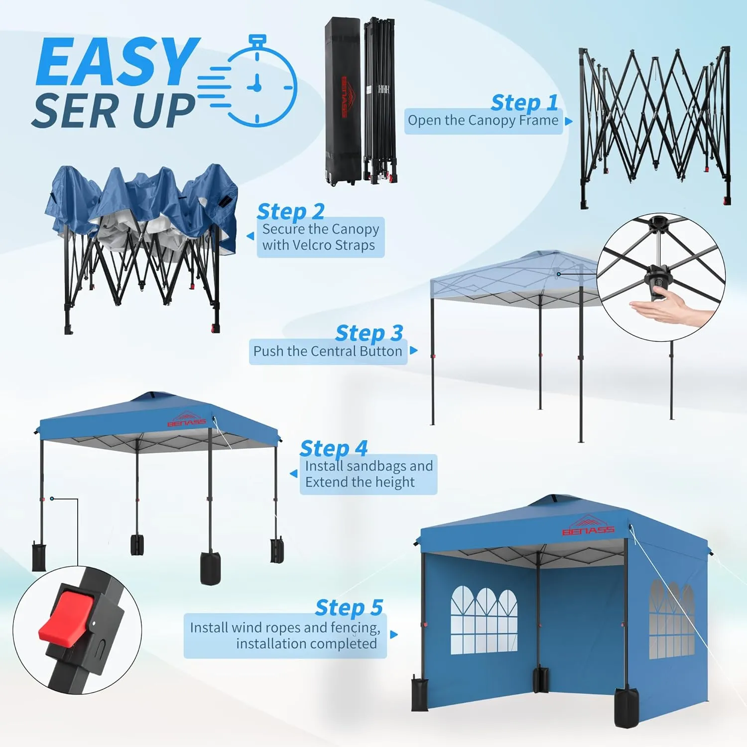 10x10 Pop Up Canopy with Sidewalls, Easy Up Canopy Tent, Heavy Duty Tents for Parties, One Person Set Up Event Tent, Light Blue
