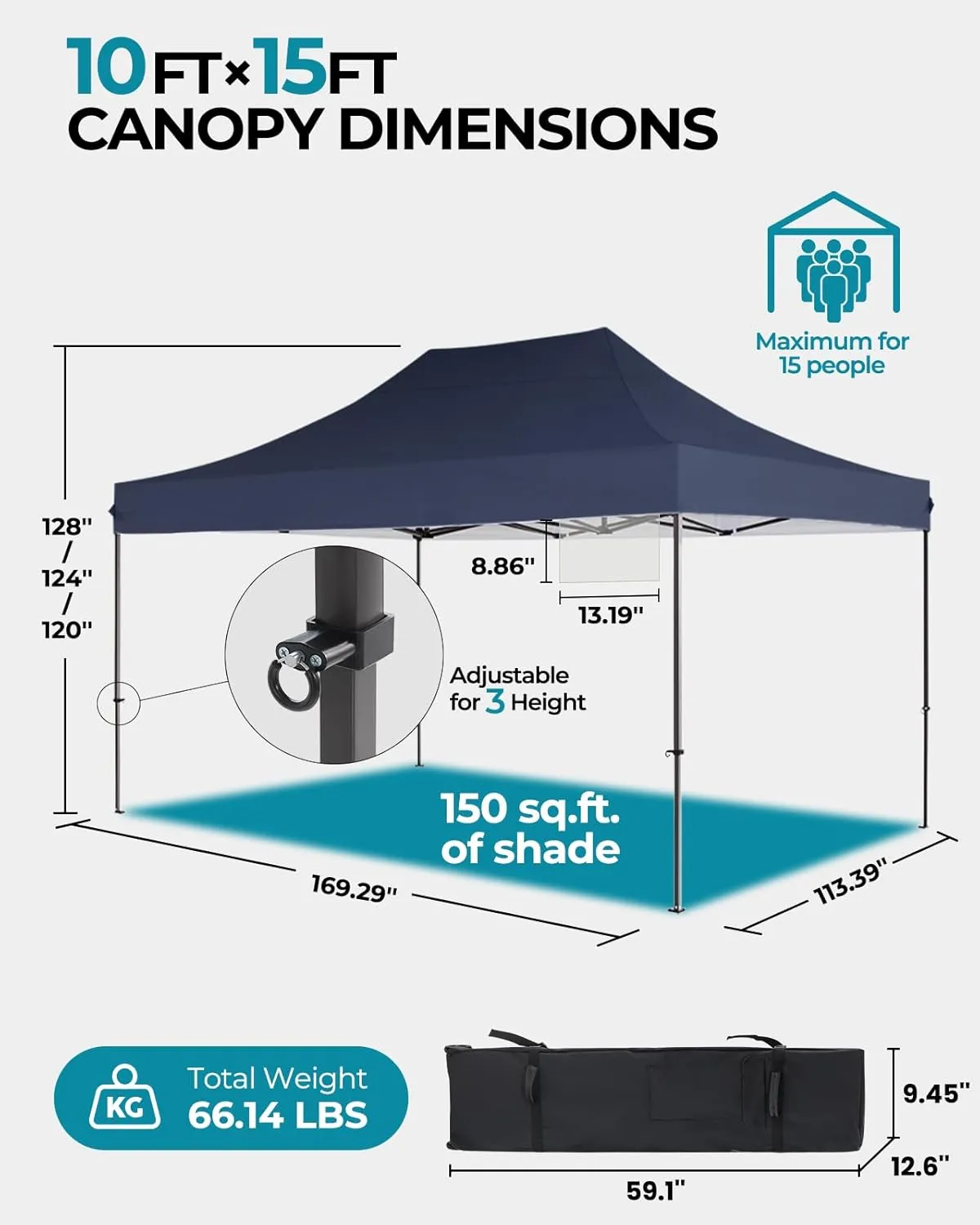 10x15 Pop Up Canopy Tent with Roller Bag, Easy Up Canopy, 300D Silver-Coating Outdoor Shelter, 4 Stakes & 4Sandbags & 4 Ropes, Navy Blue