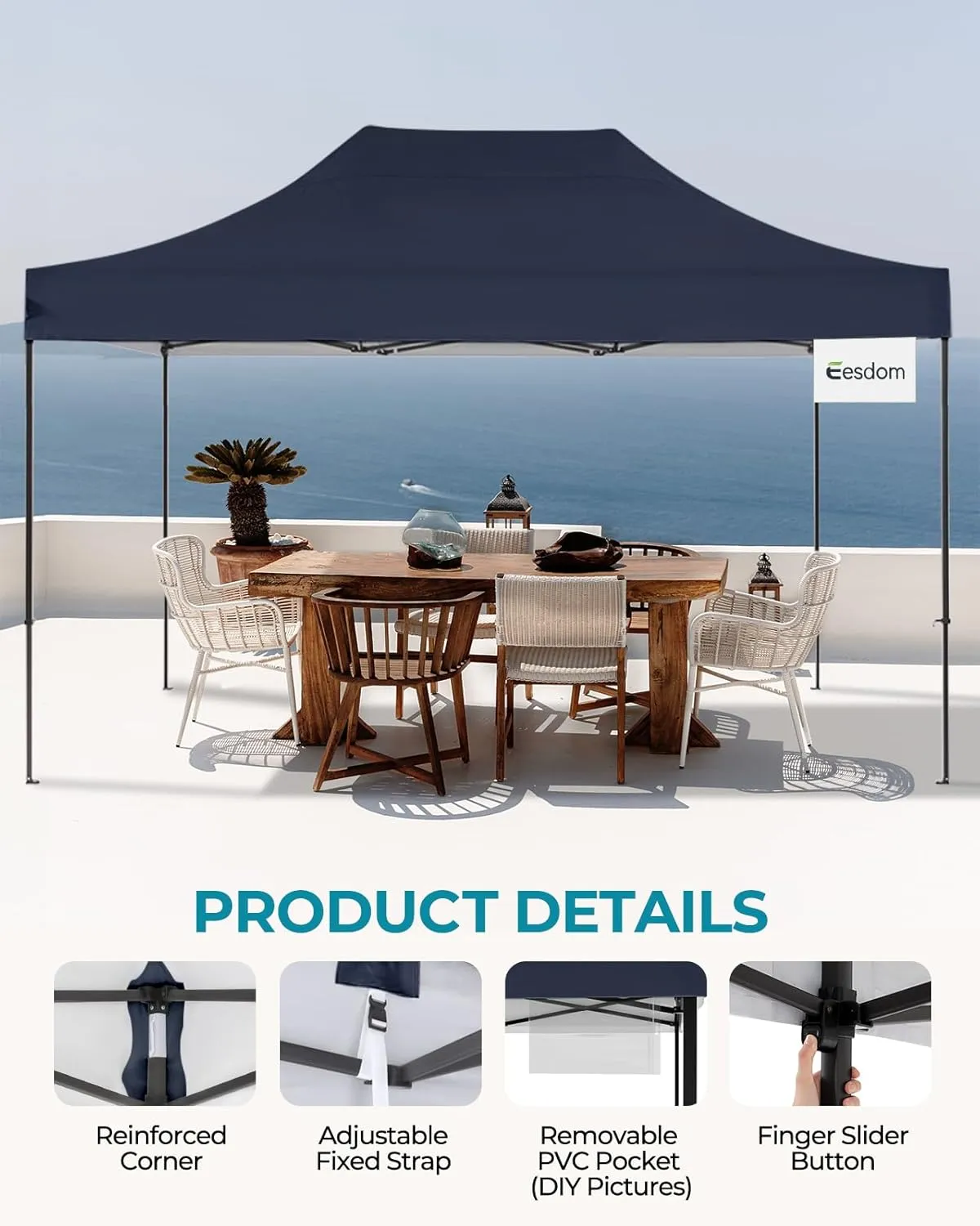 10x15 Pop Up Canopy Tent with Roller Bag, Easy Up Canopy, 300D Silver-Coating Outdoor Shelter, 4 Stakes & 4Sandbags & 4 Ropes, Navy Blue