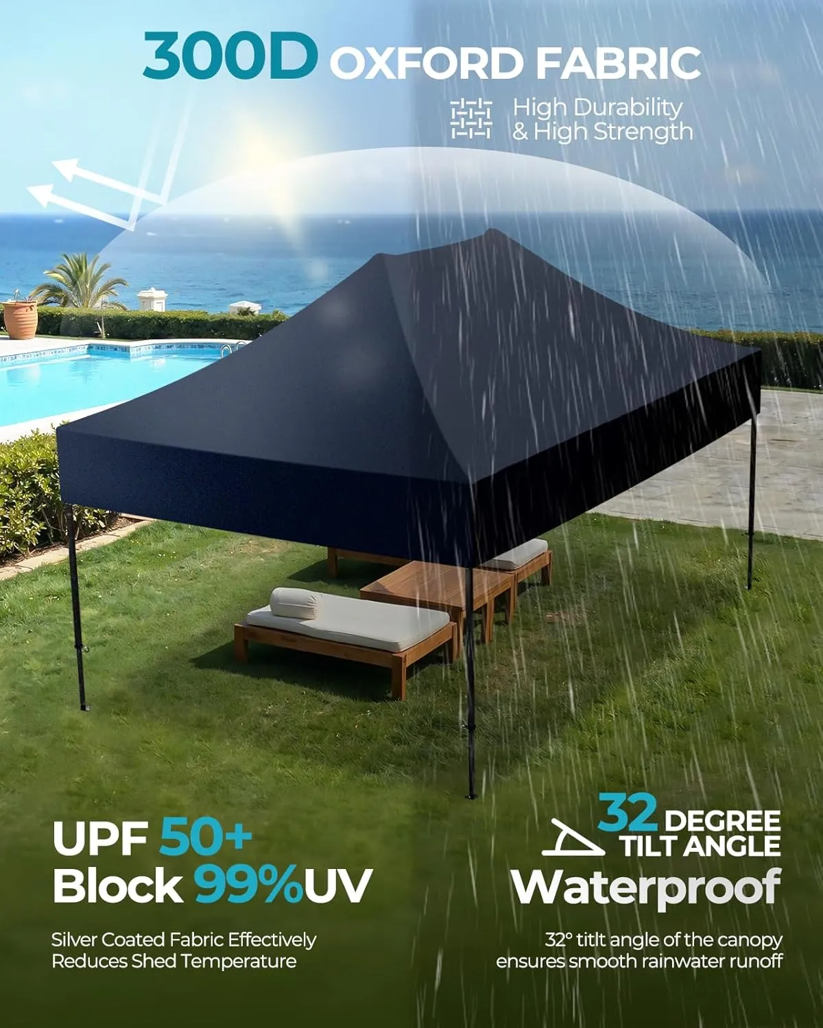 10x15 Pop Up Canopy Tent with Roller Bag, Easy Up Canopy, 300D Silver-Coating Outdoor Shelter, 4 Stakes & 4Sandbags & 4 Ropes, Navy Blue