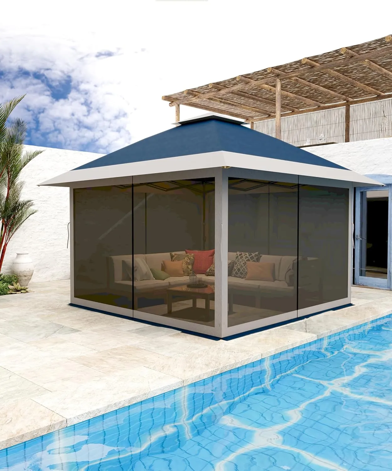 12x12 Pop Up Gazebo Instant Canopy Tent with Netting 4 Stanbags Outdoor Shelter for Lawn, Garden, Backyard, Deck (Navy Blue   Taupe)