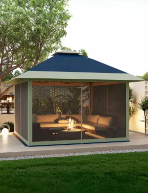 12x12 Pop Up Gazebo Instant Canopy Tent with Netting 4 Stanbags Outdoor Shelter for Lawn, Garden, Backyard, Deck (Navy Blue   Taupe)