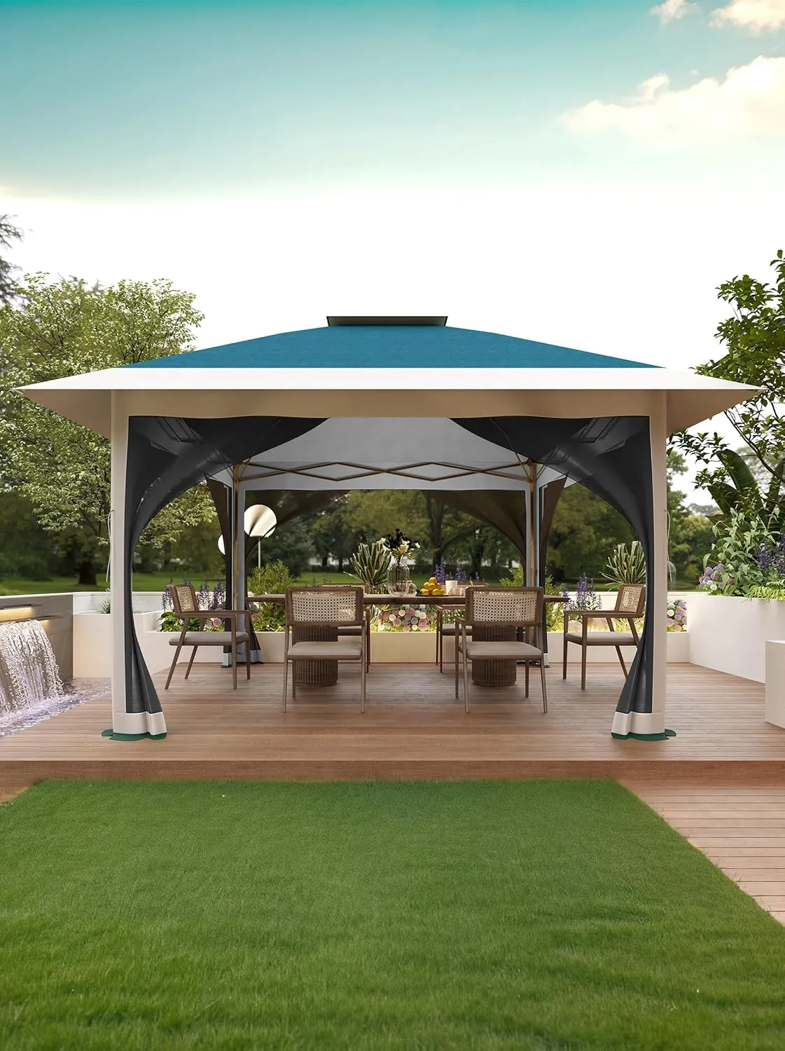 12x12 Pop Up Gazebo Instant Canopy Tent with Netting 4 Stanbags Outdoor Shelter for Lawn, Garden, Backyard, Deck (Navy Blue   Taupe)