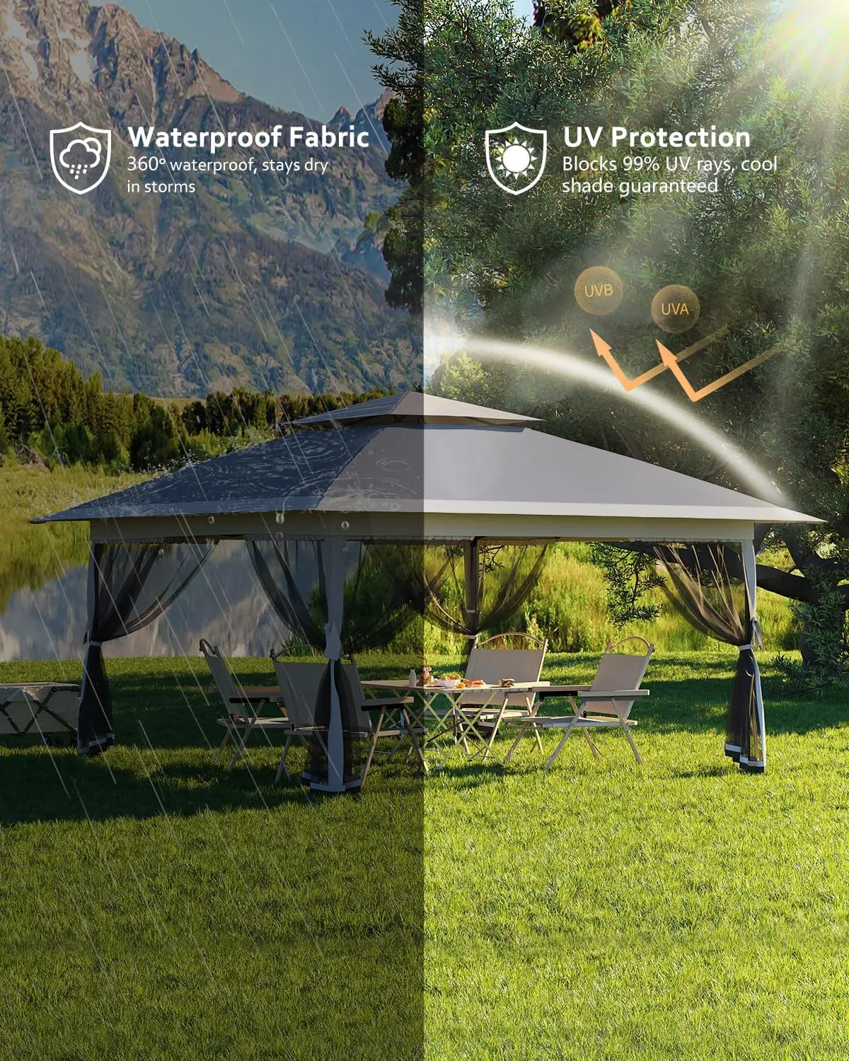 13x13 Canopy Tent, Pop Up Gazebo with Mosquito Netting, Outdoor Gazebo with 4 Sandbags & Wheeled Bag, pop up Canopy for Backyard & Patio Furniture, Patio, Deck