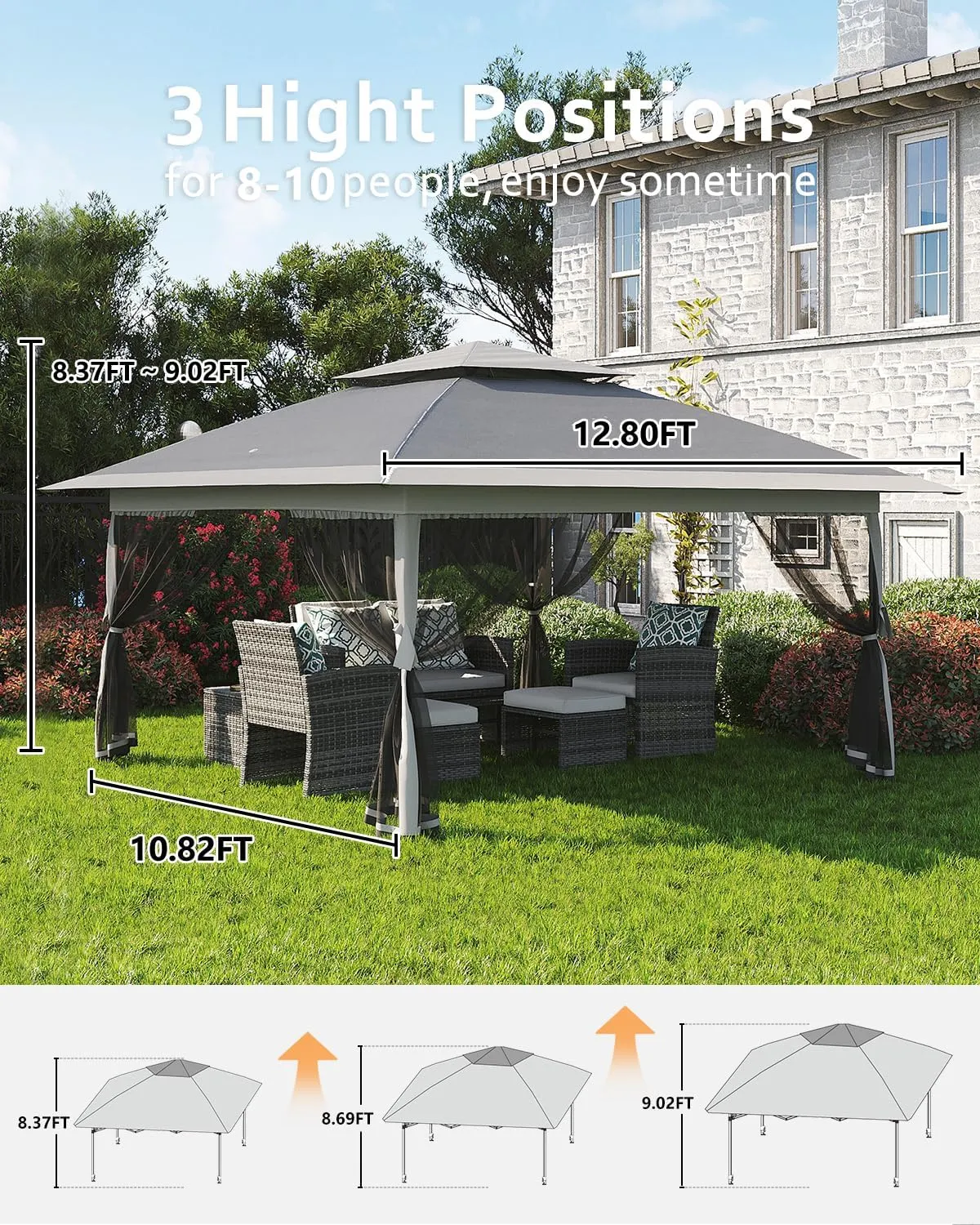 13x13 Canopy Tent, Pop Up Gazebo with Mosquito Netting, Outdoor Gazebo with 4 Sandbags & Wheeled Bag, pop up Canopy for Backyard & Patio Furniture, Patio, Deck