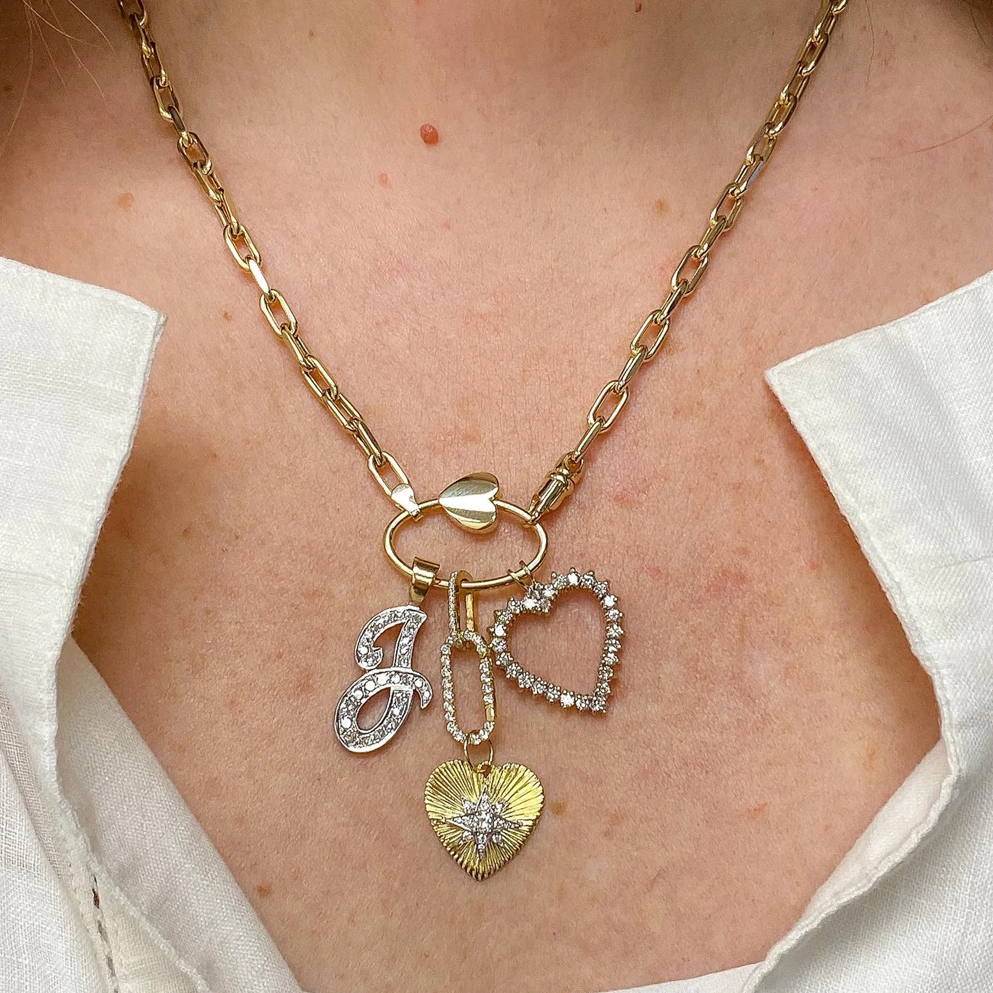 14K Gold Oval Shaped Carabiner Heart Lock Charm Enhancer
