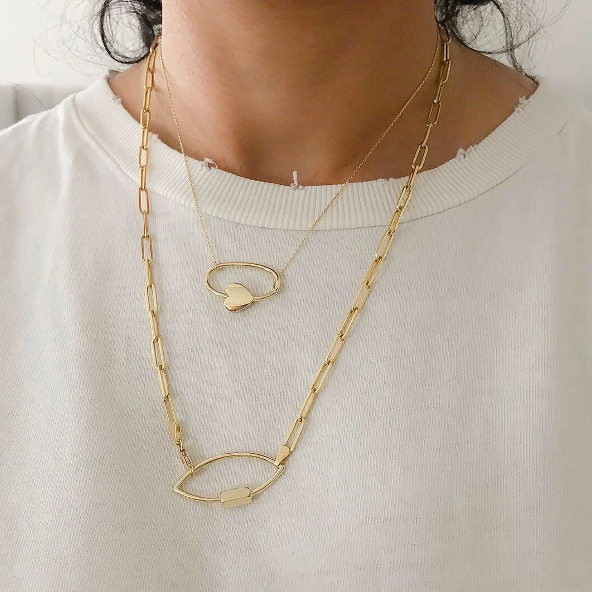 14K Gold Oval Shaped Carabiner Heart Lock Charm Enhancer