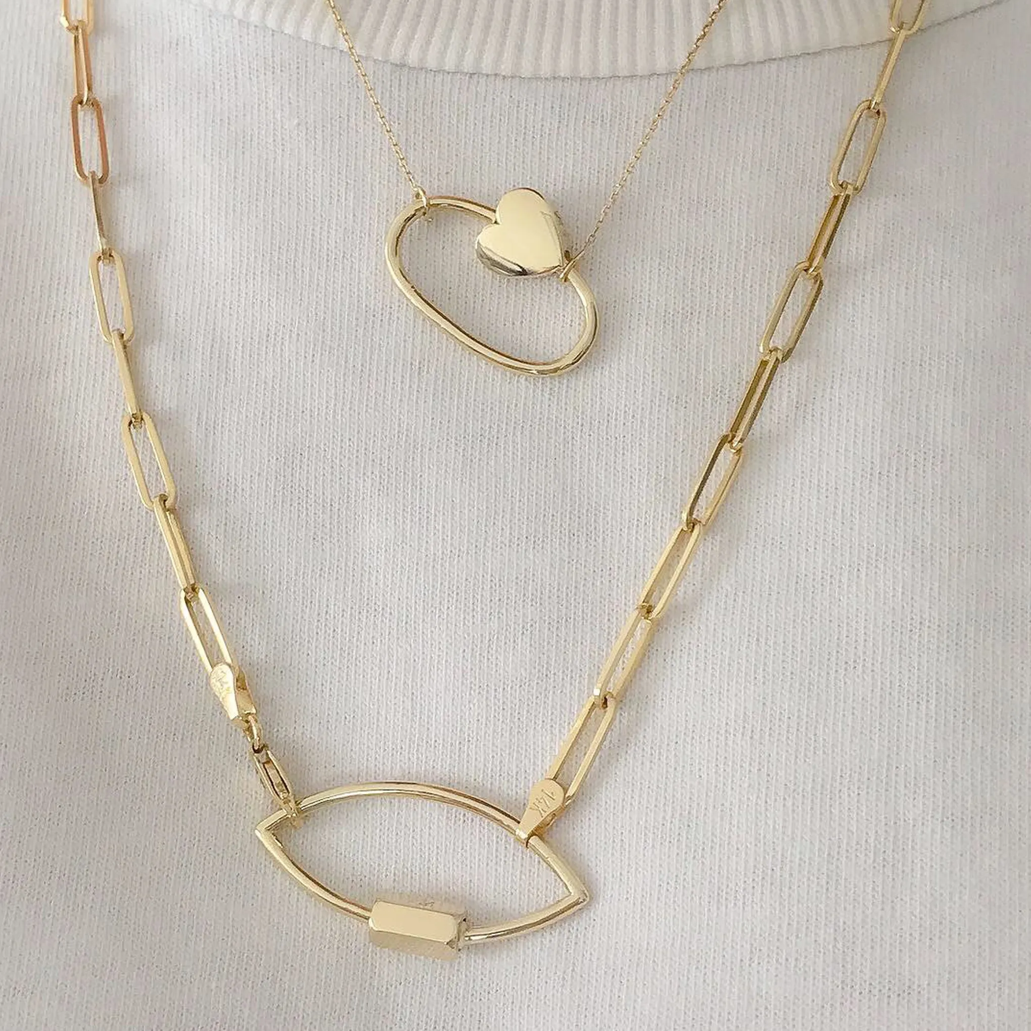 14K Gold Oval Shaped Carabiner Heart Lock Charm Enhancer
