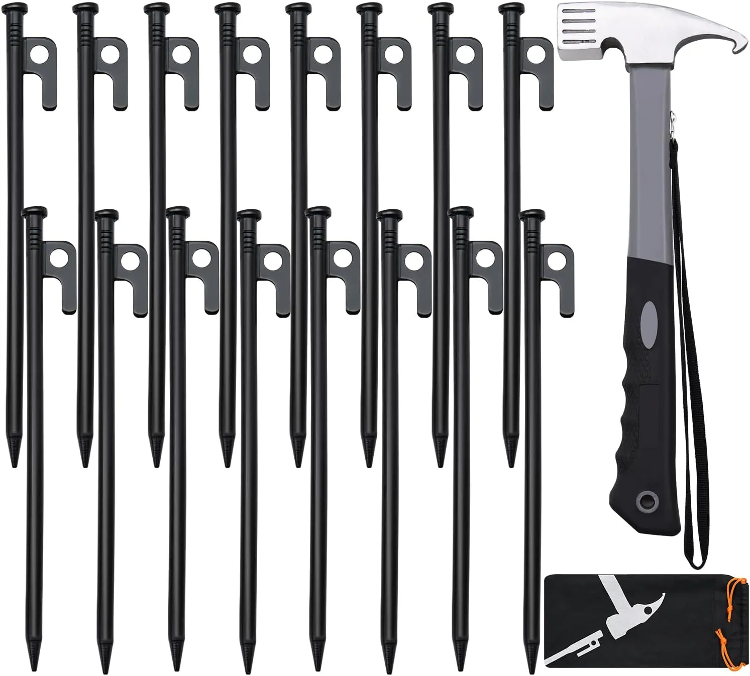 16pcs Tent Stakes and Hammer Set, 12in Heavy Duty Forged Steel Tent Stakes   Camping Hammer   Storage Pouch, Available in Rocky Place (16pcs 12in Stake Hammer)