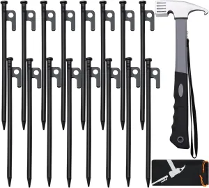16pcs Tent Stakes and Hammer Set, 12in Heavy Duty Forged Steel Tent Stakes   Camping Hammer   Storage Pouch, Available in Rocky Place (16pcs 12in Stake Hammer)