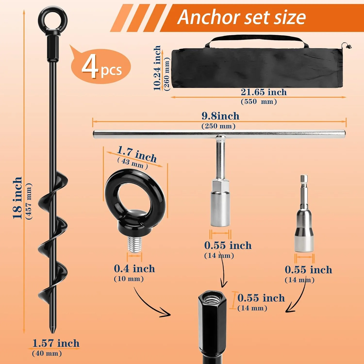 18 Inch Ground Anchors with Power Nut Driver Drill Bit,Ground Anchors Screw in,Trampoline Anchors High Wind Heavy Duty for Tent,Swing Sets,Securing Animals,Sheds,Carports