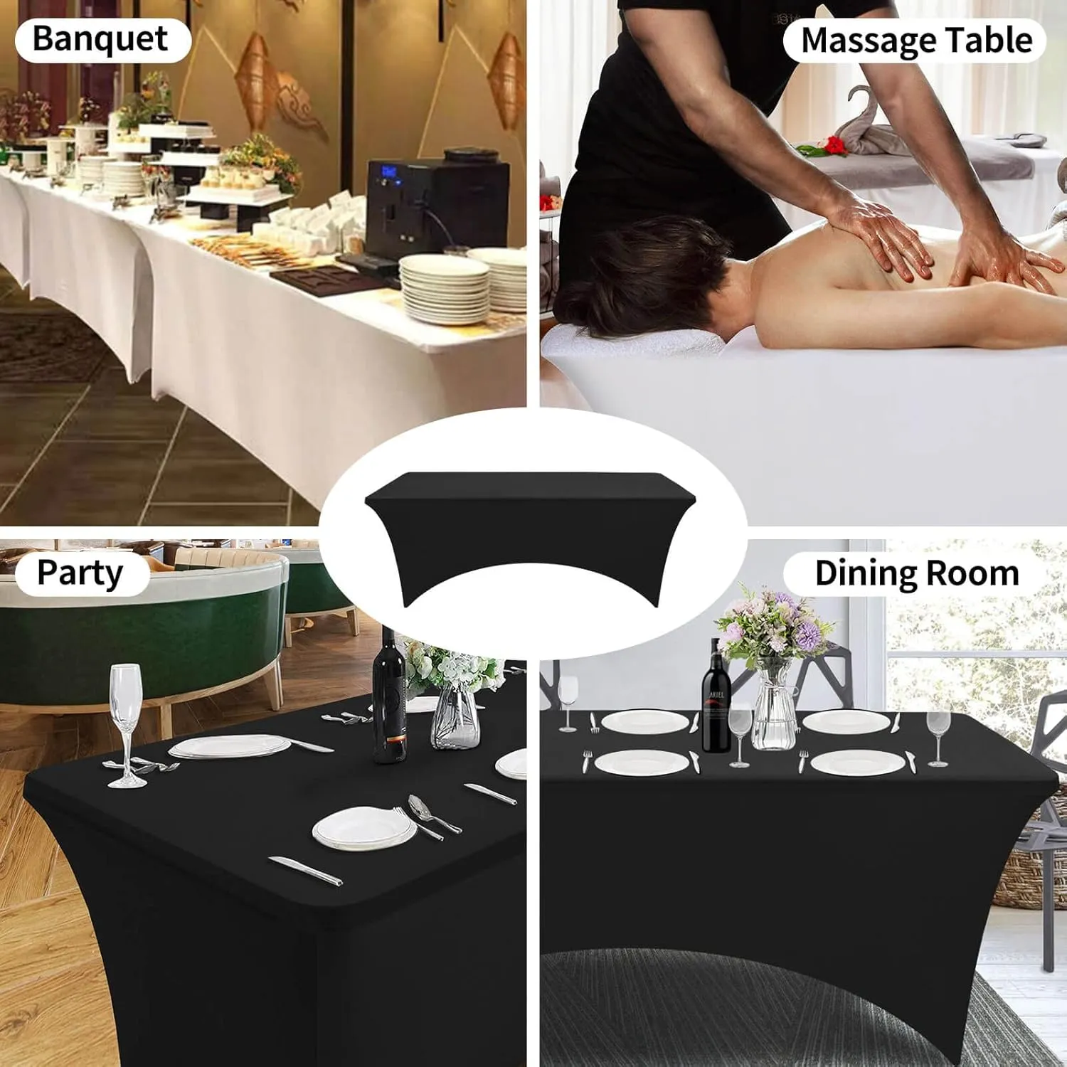 1PCS Fitted Tablecloth Black Table Clothes for 8 Foot Rectangle Table Bed Table Cover, Stretch Wrinkle Free Table Covers for Party,Events, Wedding, Birthday, Banquet, Vendor (Black)