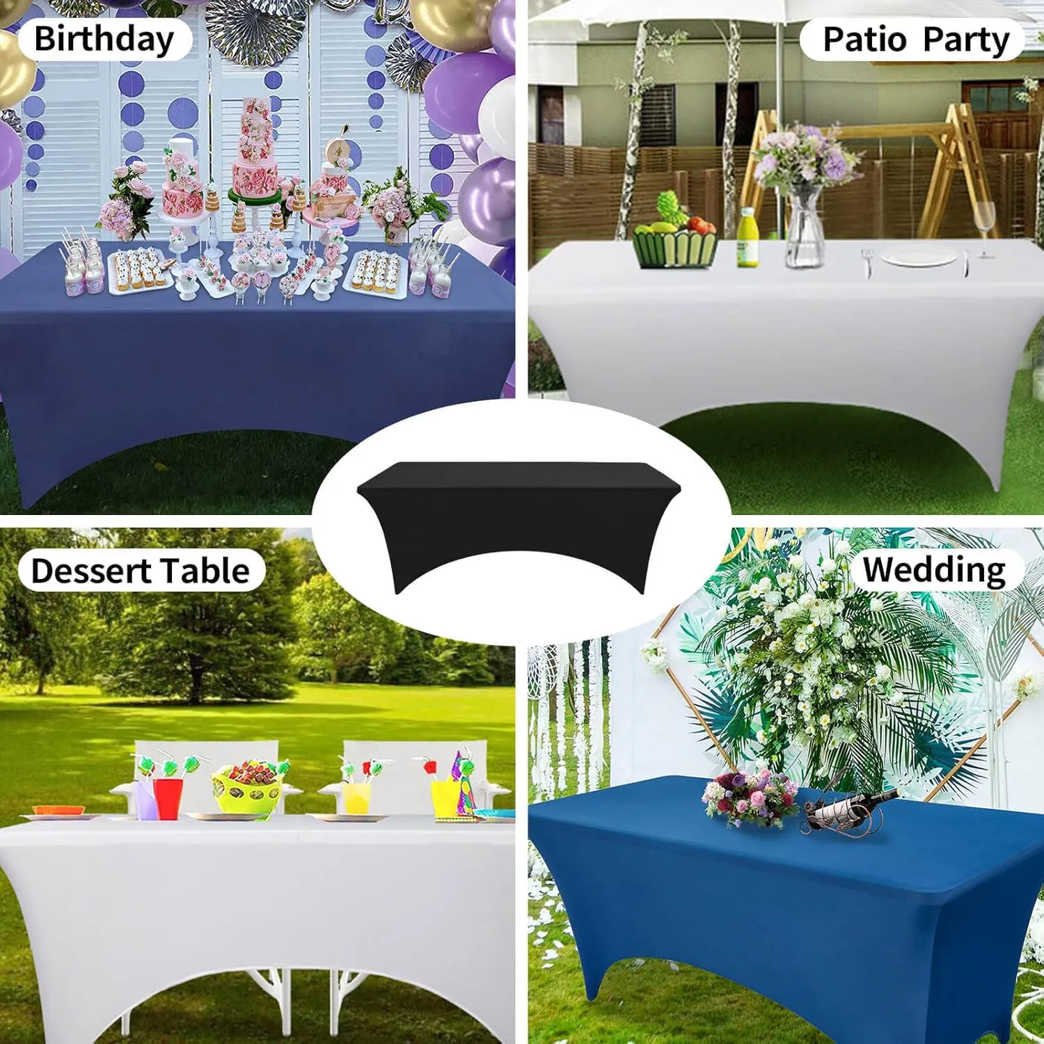 1PCS Fitted Tablecloth Black Table Clothes for 8 Foot Rectangle Table Bed Table Cover, Stretch Wrinkle Free Table Covers for Party,Events, Wedding, Birthday, Banquet, Vendor (Black)