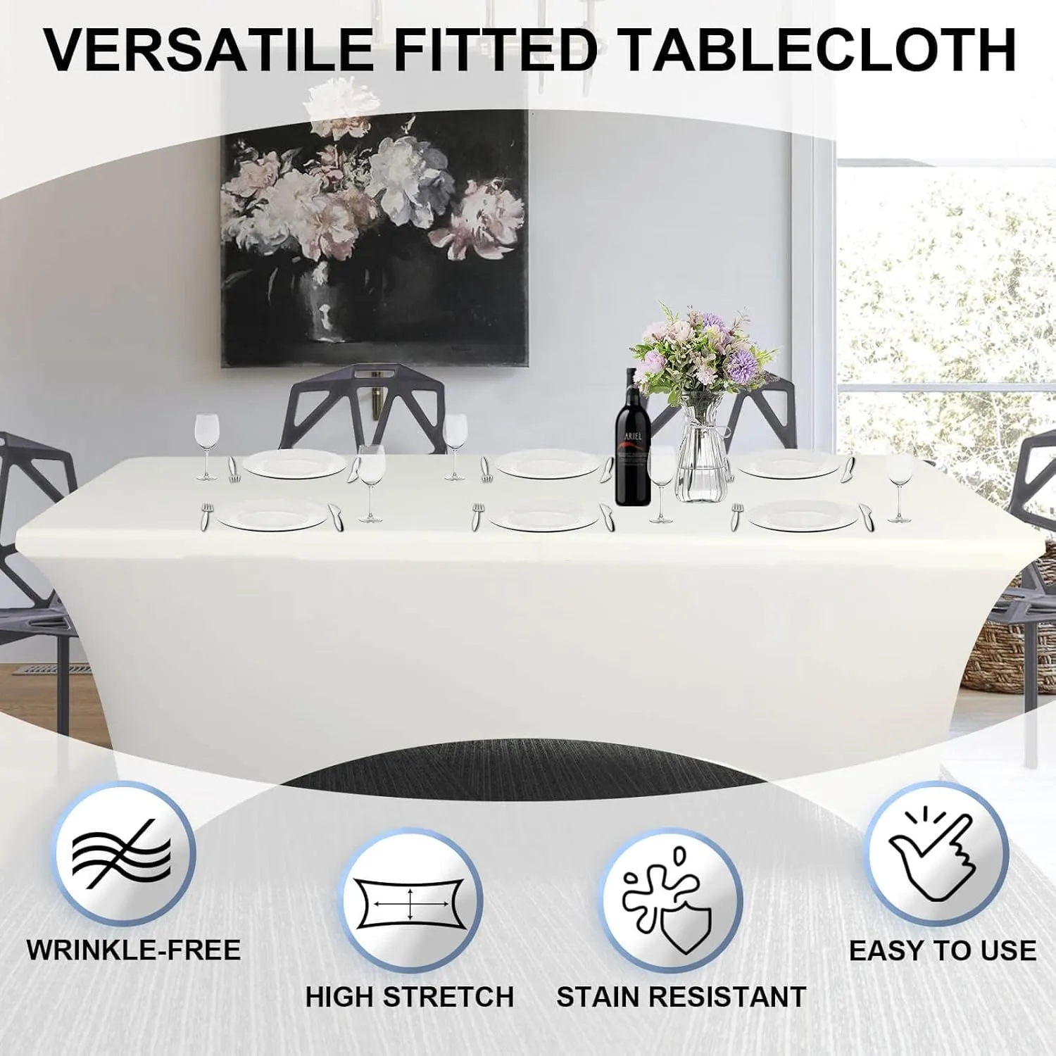 1PCS Fitted Tablecloth Black Table Clothes for 8 Foot Rectangle Table Bed Table Cover, Stretch Wrinkle Free Table Covers for Party,Events, Wedding, Birthday, Banquet, Vendor (Black)