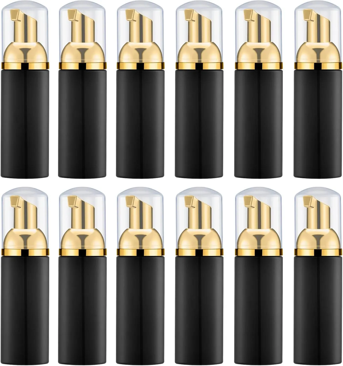 2 Oz Foam Pump Bottle (12PCS). Empty Foaming Soap Dispenser for Refillable Travel Liquid Hand Soap, Body Wash, Eyelash Shampoo. BPA Free Mini Pocket Size(Black&Gold Pump&Clear Cap)