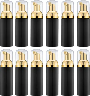 2 Oz Foam Pump Bottle (12PCS). Empty Foaming Soap Dispenser for Refillable Travel Liquid Hand Soap, Body Wash, Eyelash Shampoo. BPA Free Mini Pocket Size(Black&Gold Pump&Clear Cap)