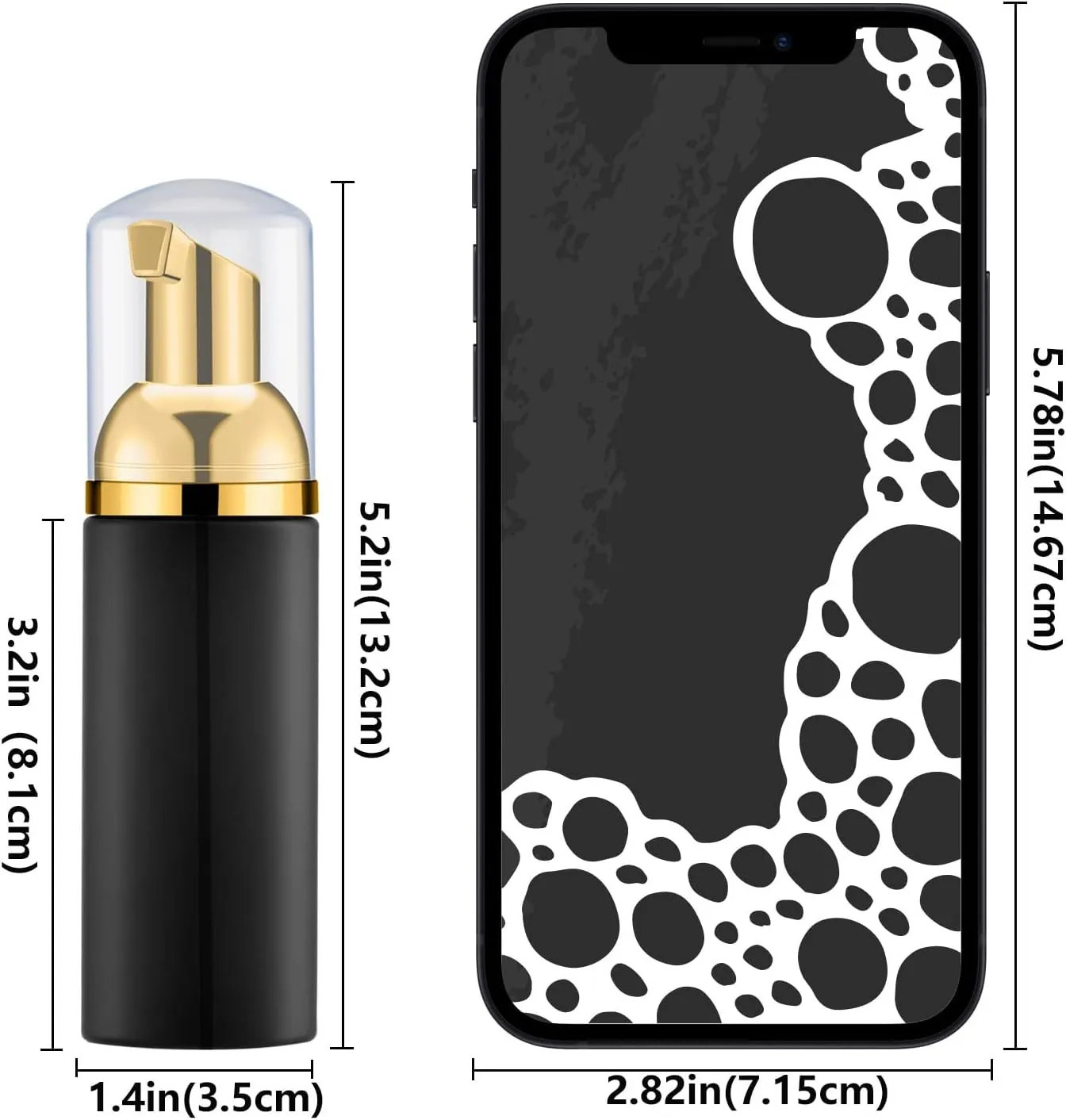 2 Oz Foam Pump Bottle (12PCS). Empty Foaming Soap Dispenser for Refillable Travel Liquid Hand Soap, Body Wash, Eyelash Shampoo. BPA Free Mini Pocket Size(Black&Gold Pump&Clear Cap)