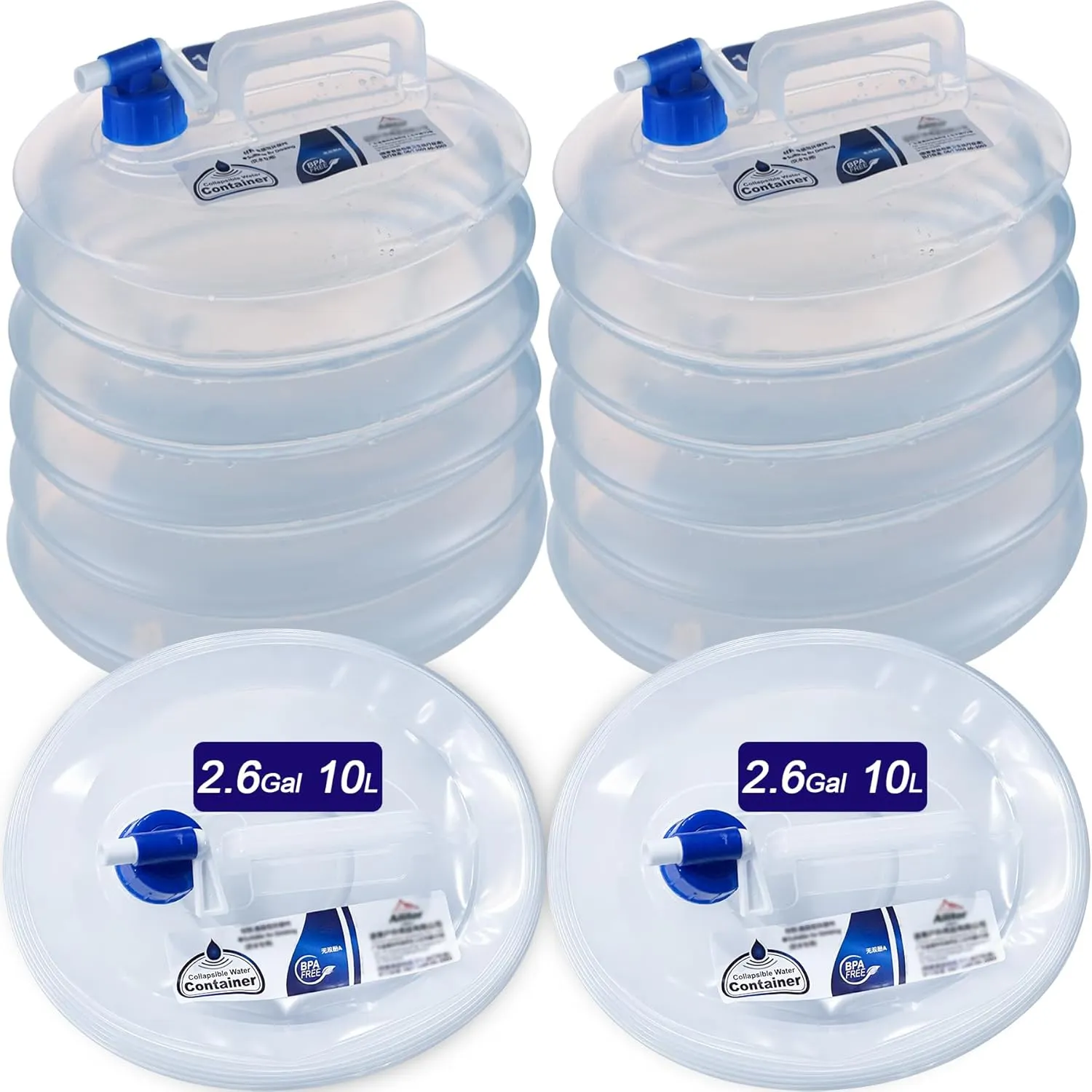 2 Pack - 2.64/3.96 Gallon Premium Collapsible Water Containers: Large Capacity Food - Grade LDPE, BPA - Free, ultimate for Camping & Hiking. with a Patented Leak - Proof Faucet Design