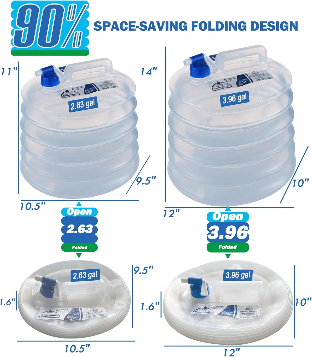 2 Pack - 2.64/3.96 Gallon Premium Collapsible Water Containers: Large Capacity Food - Grade LDPE, BPA - Free, ultimate for Camping & Hiking. with a Patented Leak - Proof Faucet Design