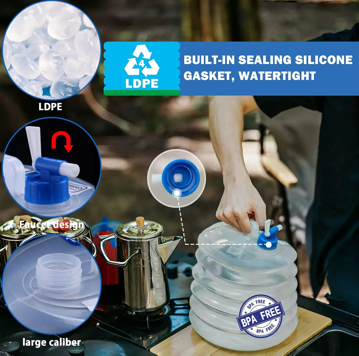 2 Pack - 2.64/3.96 Gallon Premium Collapsible Water Containers: Large Capacity Food - Grade LDPE, BPA - Free, ultimate for Camping & Hiking. with a Patented Leak - Proof Faucet Design