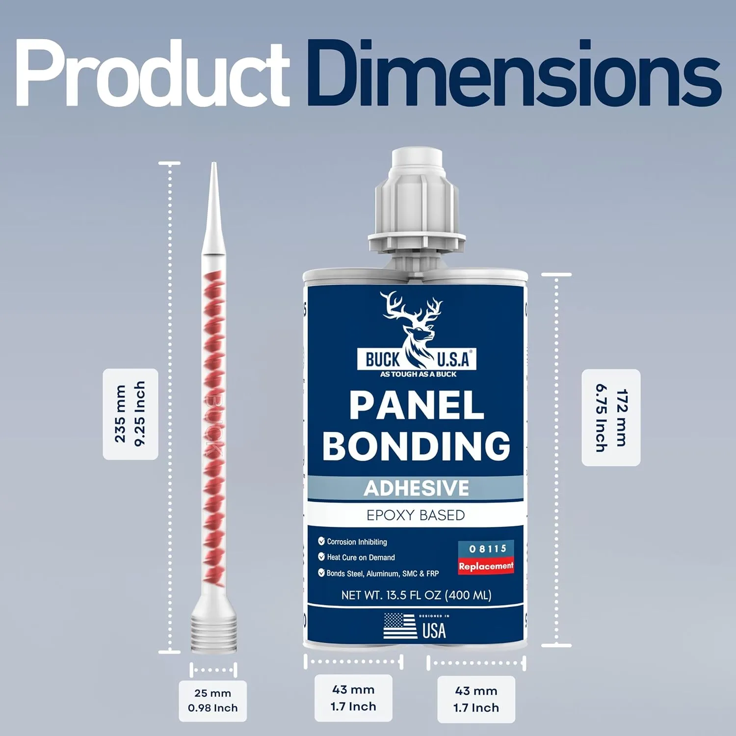 2 Pack Buck Panel Bonding Adhesive, Two-Part Epoxy, 400 ml/13.5 fl oz Cartridge, 08115 Replacement, Heavy Duty Metal Glue for Automotive Use, Bonds w/Steel, Aluminum, Plastic, OEM Recommended, Black