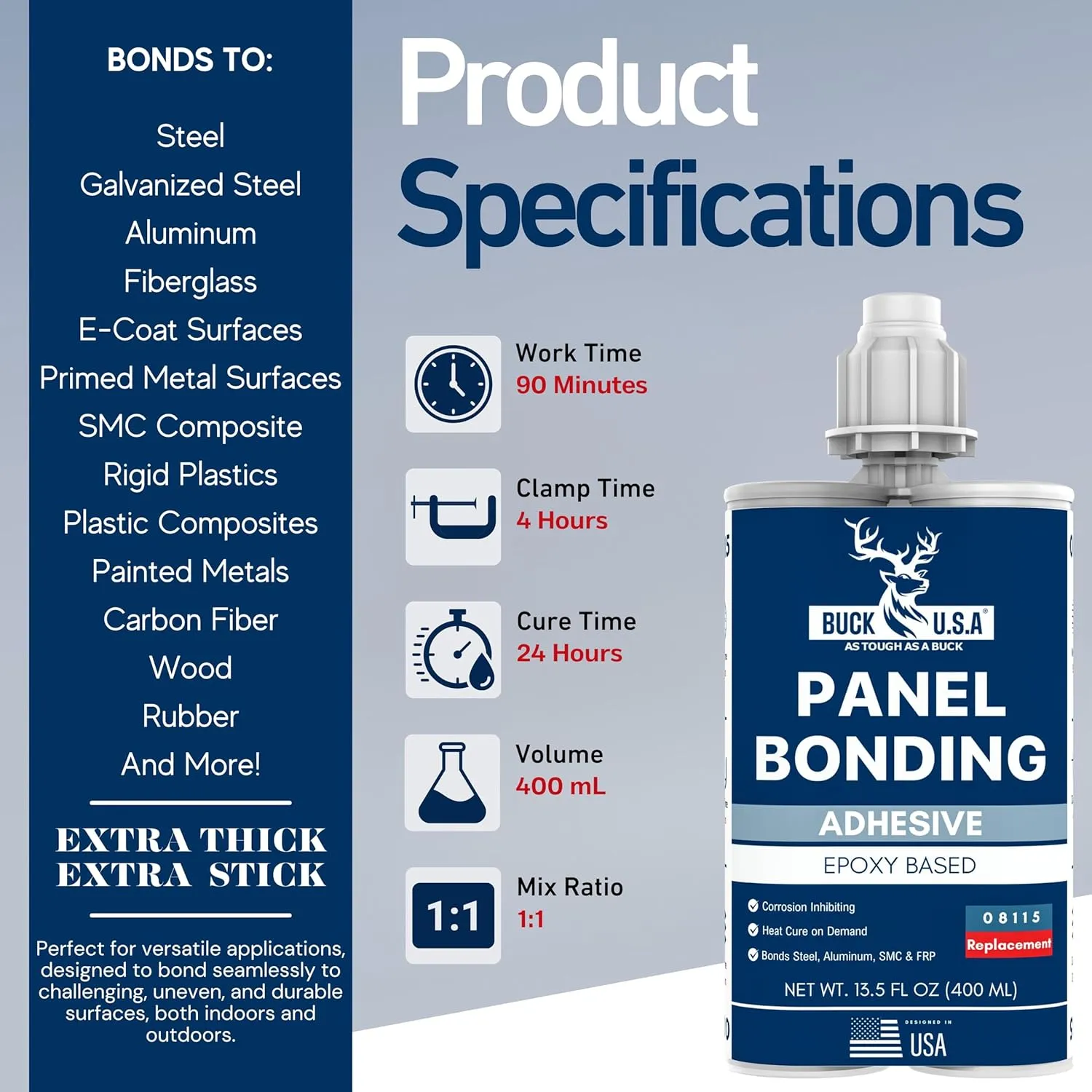 2 Pack Buck Panel Bonding Adhesive, Two-Part Epoxy, 400 ml/13.5 fl oz Cartridge, 08115 Replacement, Heavy Duty Metal Glue for Automotive Use, Bonds w/Steel, Aluminum, Plastic, OEM Recommended, Black