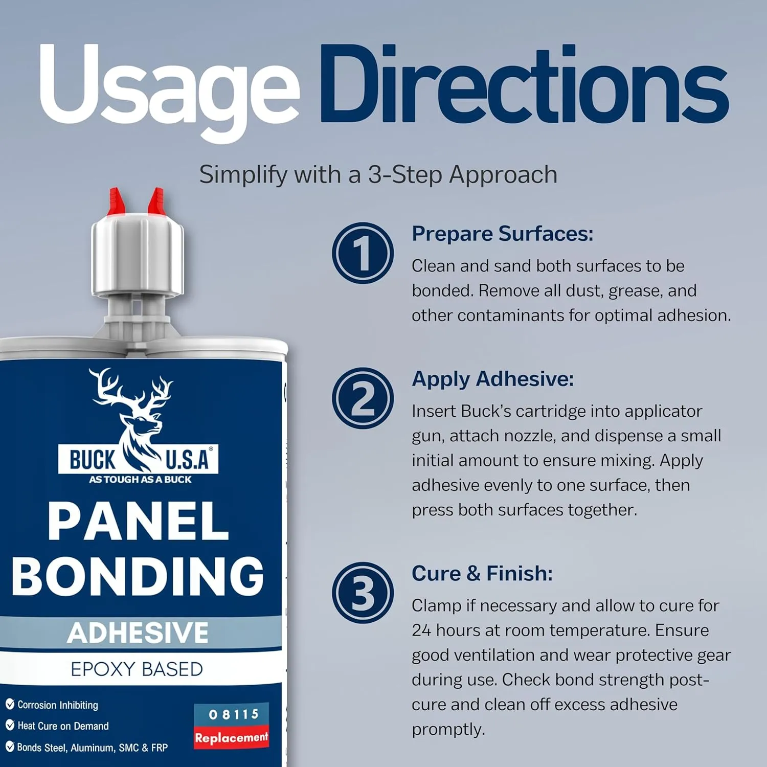 2 Pack Buck Panel Bonding Adhesive, Two-Part Epoxy, 400 ml/13.5 fl oz Cartridge, 08115 Replacement, Heavy Duty Metal Glue for Automotive Use, Bonds w/Steel, Aluminum, Plastic, OEM Recommended, Black