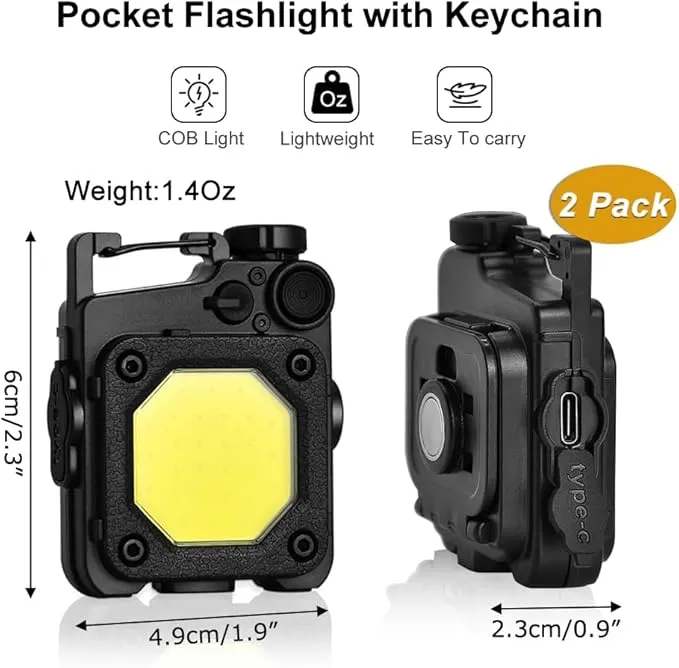 2 Pack Cob Keychain Flashlight,1000 Lumens Bright Rechargeable LED Flashlight, Small Flashlight with Bracket and Screwdriver, Emergency Light for for Fishing,Camping,Hiking and Walking
