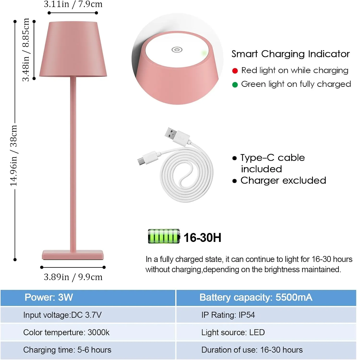 2-Pack LED Cordless Table Lamp, Rechargeable Battery Desk lamp 3W 5500mAh Battery Operated Stepless Dimming Modern Portable Table Light for Restaurant/Bedroom/Outdoor IP54 Waterproof (Pink)