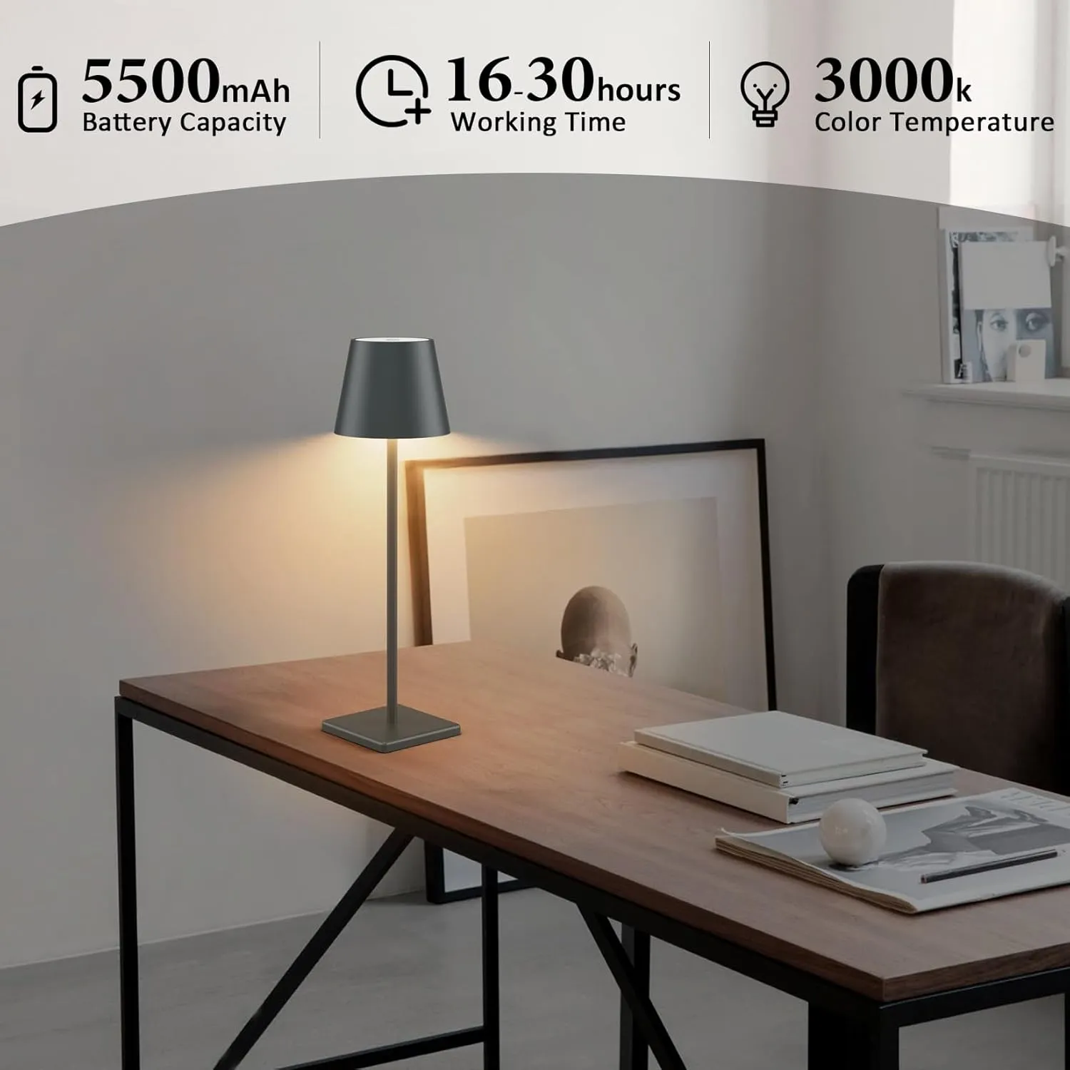 2 Packs LED Cordless Table Lamp, Rechargeable Battery Desk lamp 5500mAh Battery Operated Stepless Dimming Modern Portable Table Light for Restaurant/Table/Bedroom/Outdoor IP54 Waterproof (Anthracite)