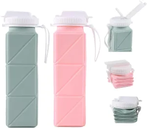 2 Pieces Foldable Water Bottles 620ml, Collapsible Water Bottles Reusable Drinking Bottle Flexible, BPA Free - Perfect for Kids, Sports, Travel, Camping (Green & Pink)