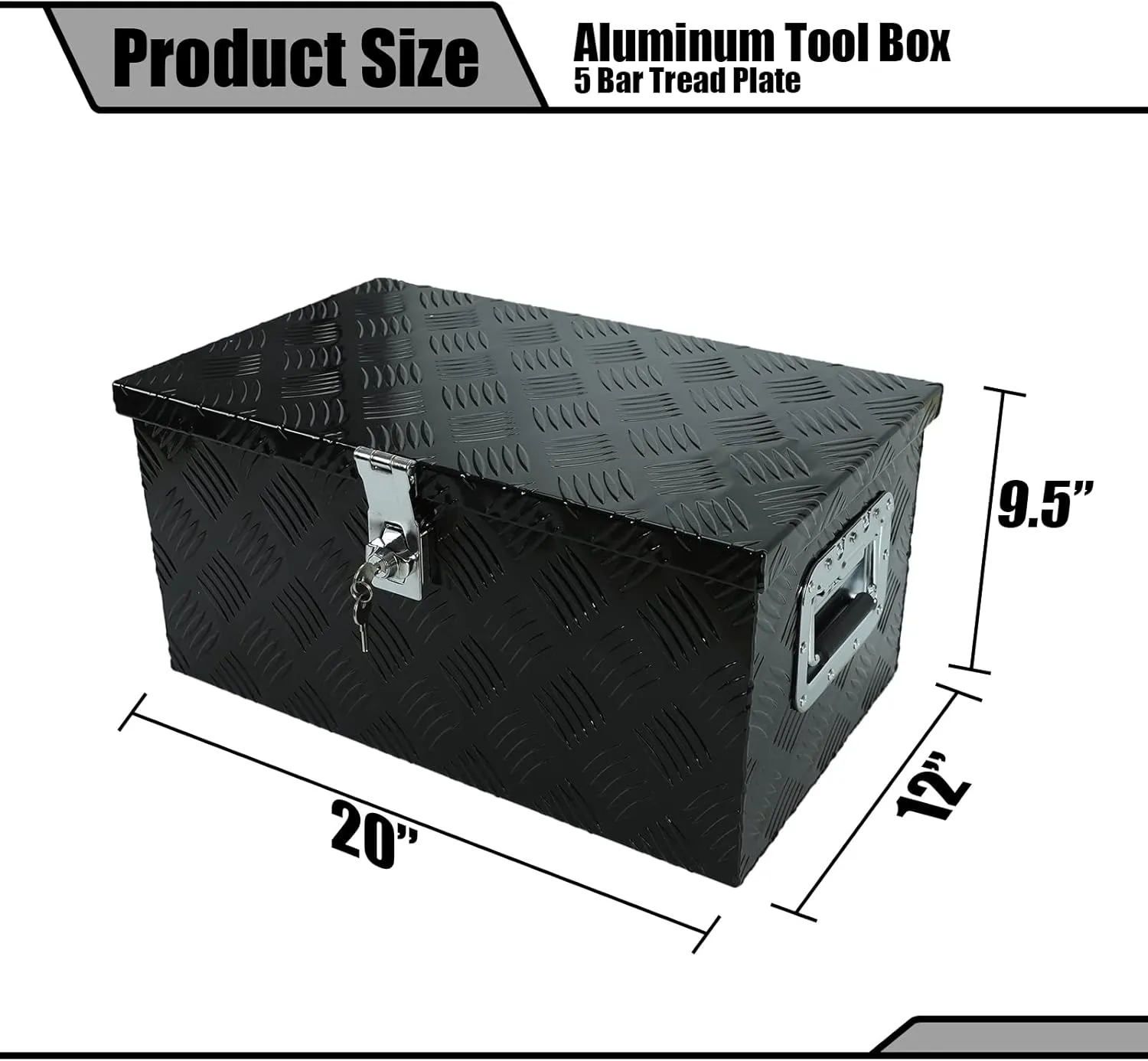 20 Inch Heavy Duty Aluminum Stripes Plated Tool Box Pick Up Truck Bed RV Trailer Toolbox Storage Organizer, Waterproof Underbody Tool Box Storage with Lock and Key (20"x12"x9.5")