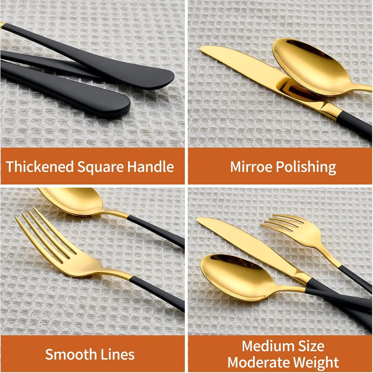 20 Piece Gold and Black 18/0 Flatware Utensil Set for 4, Include Dinner Knife,Dinner Forks,Dinner Spoons,Salad Forks,Teaspoons,Silverware Set for 4, Dishwasher Safe