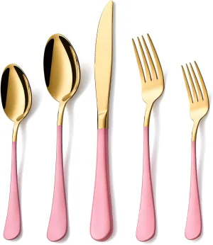 20 Piece Gold and Pink 18/0 Flatware Utensil Set for 4, Include Dinner Knife,Dinner Forks,Dinner Spoons,Salad Forks,Teaspoons,Silverware Set for 4, Dishwasher Safe