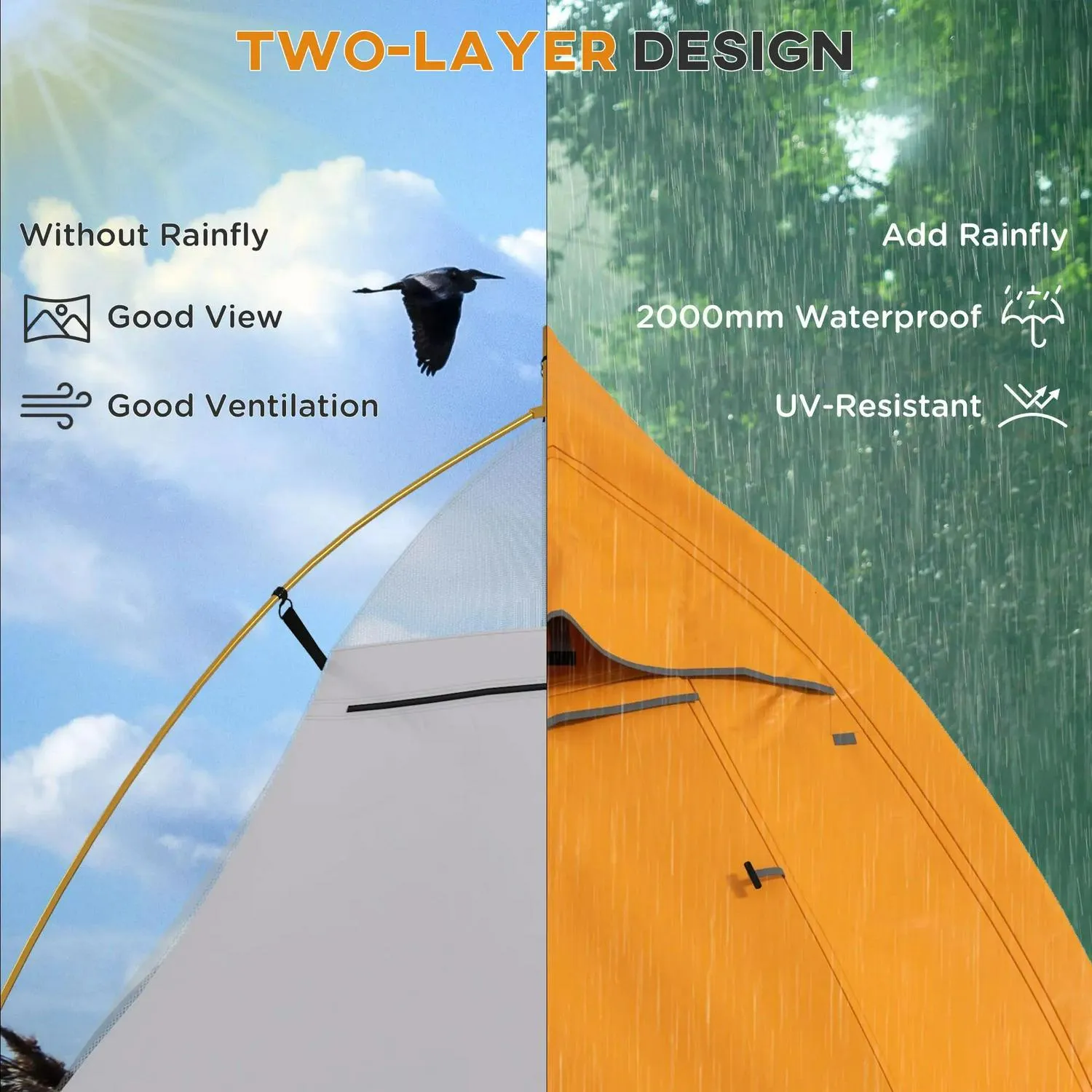 2000mm Smart-powered Camping Waterproof Exclusive offer Man With Bag, Carry Lightweight, Backpacking And Double 1-2 Orange Tent, Outsunny Layer