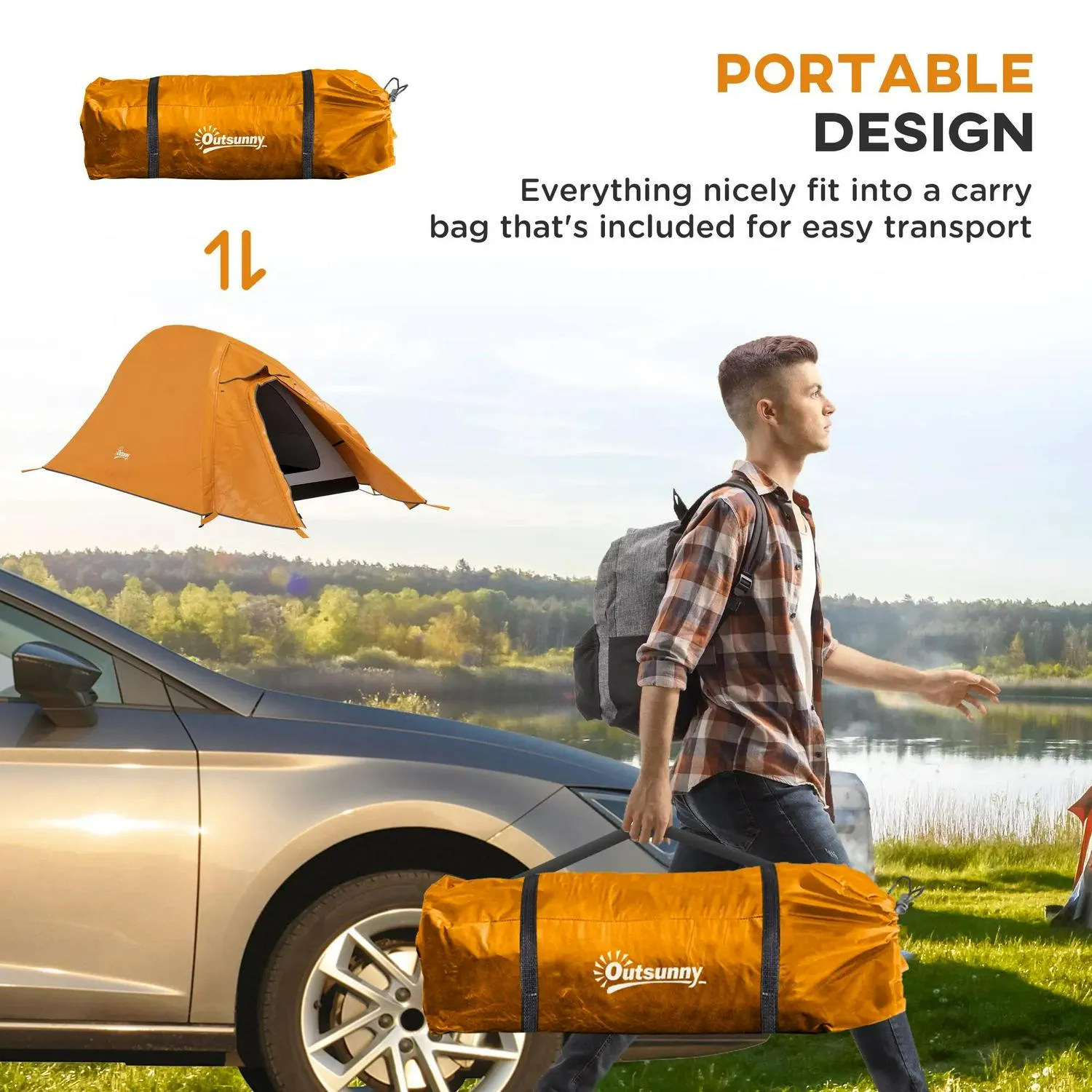 2000mm Smart-powered Camping Waterproof Exclusive offer Man With Bag, Carry Lightweight, Backpacking And Double 1-2 Orange Tent, Outsunny Layer