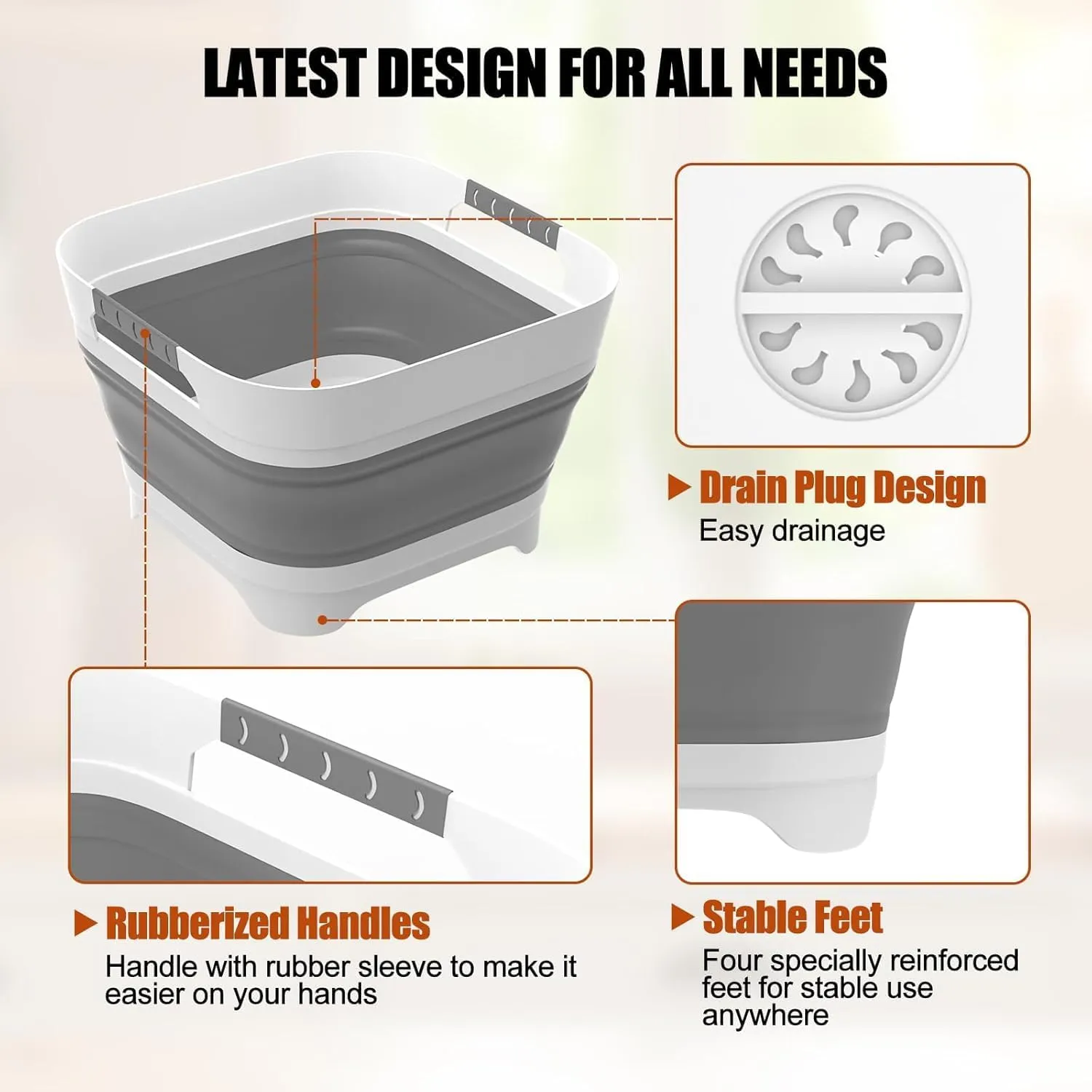 2.4 Gal(9L) Collapsible Dish Basin Bucket with Drain Plug Portable Sink Space Saving Multiuse Bottle Washing Basin Foldable Sink Tub for Kitchen Camping RV Vegetable Washing Dishes Upgraded