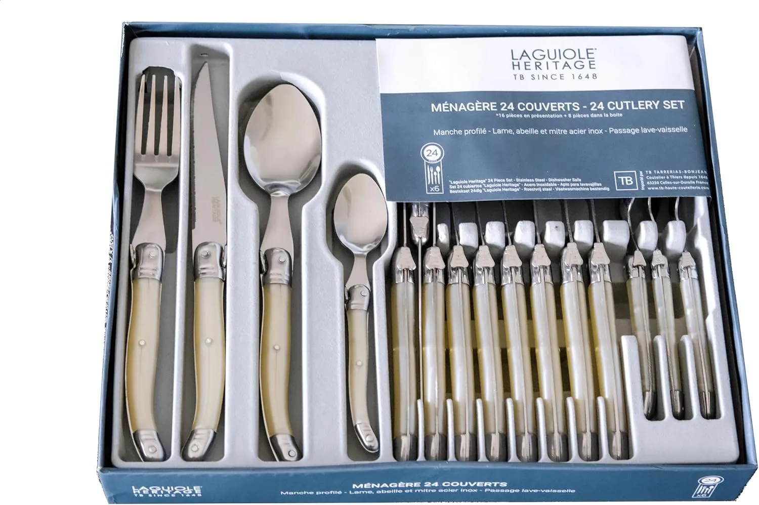 24-Piece Flatware Silverware Set with Forks Spoons and Knives Set for 6, Stainless Steel | Cutlery Set & Kitchen Utensils Set for Home or Restaurant, Ivory