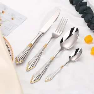 24-Piece Luxury Flatware Set in Silver Color with Gold Accents, Premium 304 Stainless Steel Flatware, Cutlery, and Tableware. Serving 6.