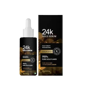 24k Gold Face Serum For Glowing Skin | Brightens Skin Tone, Reduce Dark Spots, Fine Lines & Wrinkles with Pure 99.9% Gold Flakes, Lightweight & Non-Sticky, 30ml