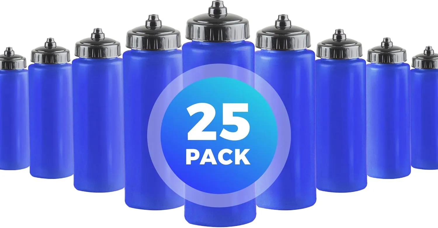 25-Pack, 32 oz Water Bottles, BPA Free Squeeze Bottle, Blue Water Bottle with Black Lid, Made in USA by Gary Plastic Packaging
