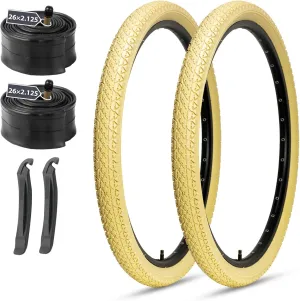 26 Inch Cruiser Bike Tires Set: MOHEGIA 26x2.125 Inch Folding Tires 2-Pack,Pair Bike Tubes,and 2 Tire Levers Replacement Kit for Beach Cruiser and Urban Commuting Bicycle