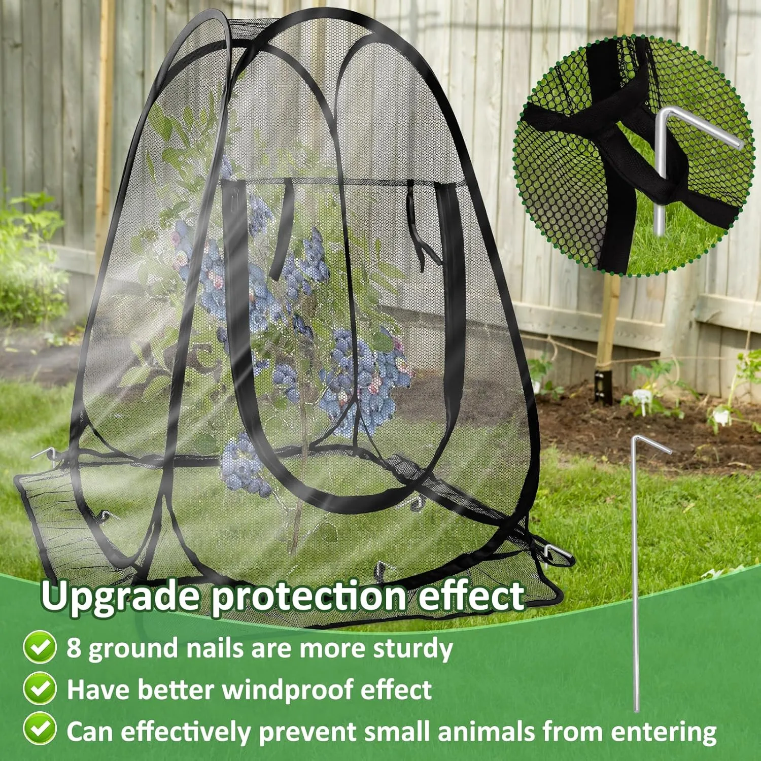 2pcs Pop Up Mesh Plant Protectors from Animals,Large Plant Netting Guard Cover with 8 Stake Crop Cage Fine Mesh Plant Tents for Protect Flower Tomato Vegetable from Deer Cat Bird Squirrel, 28x28x34 In