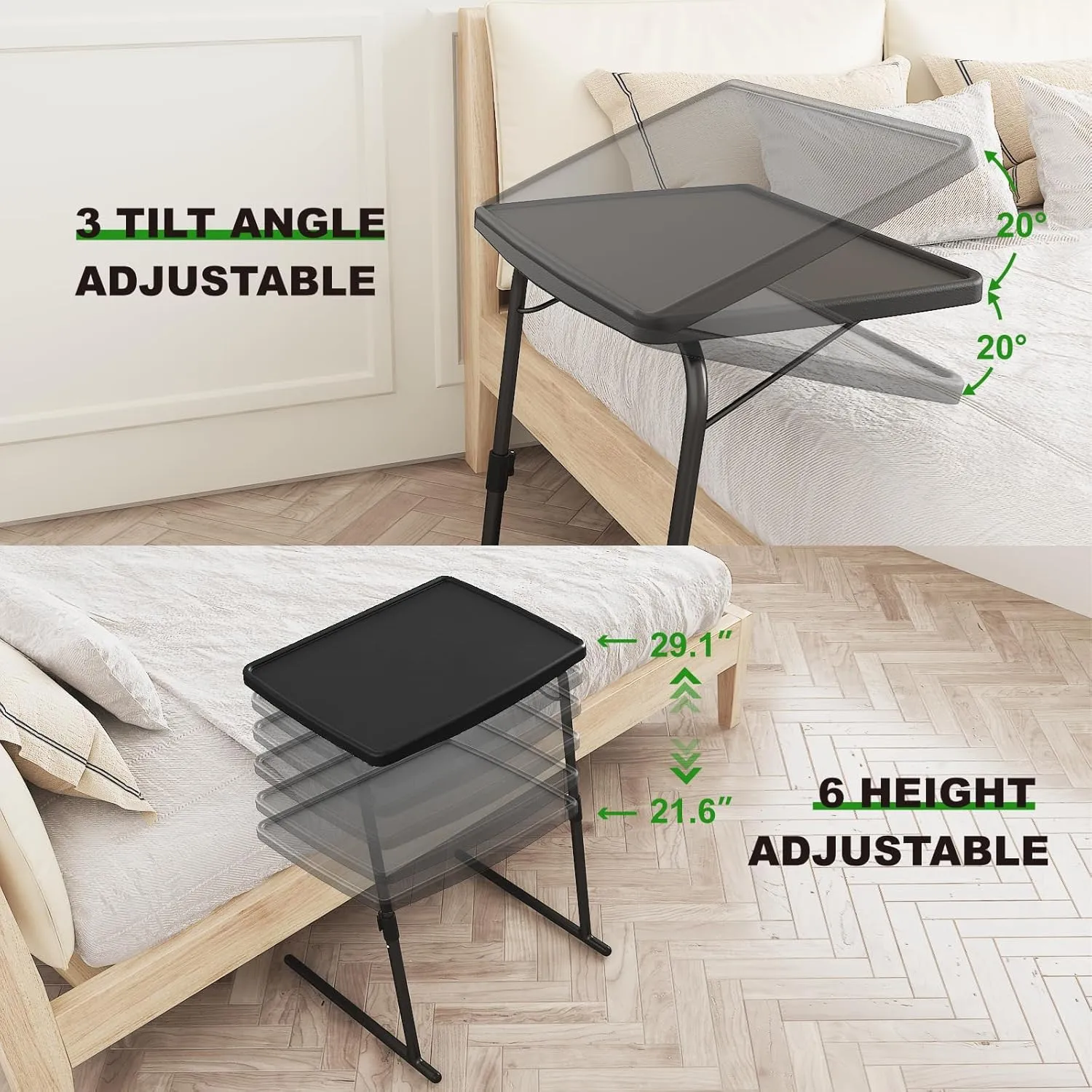 2PK TV Tray Table, Max Folding TV Dinner Tray w/6 Height & 3 Tilt Angle, Adjustable TV Trays for Eating on Couch, Large Size Foldable Couch Laptop Table, Black, 16.9 x 22 x 29.1inch, 110lbs
